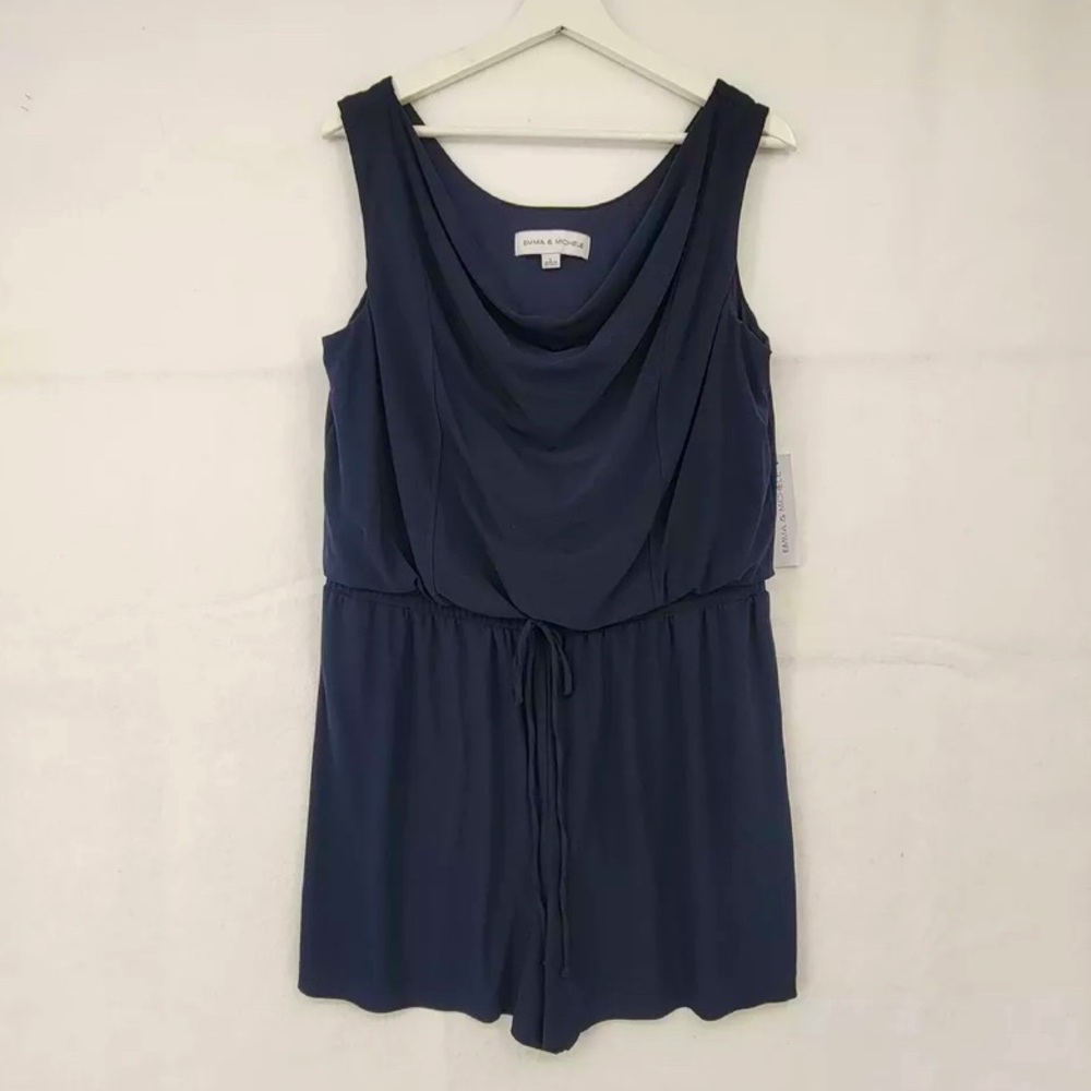 Emma & Michele Womens Navy Blue Romper Draped Cowl Neck L